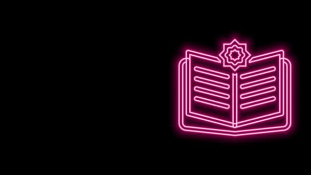 Ligne lumineuse néon Icône Saint livre du Coran isolé sur fond noir. Vacances musulmanes, Aïd Moubarak, Aïd al-fitr, Ramadan Kareem. Animation graphique de mouvement vidéo 4K — Video