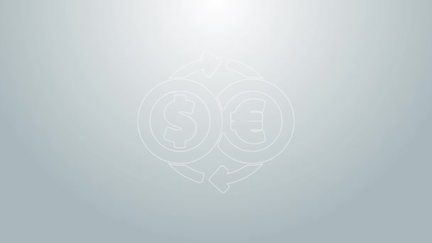 Modrá čára Výměna peněz ikona izolované na šedém pozadí. Euro a symbol hotovostního převodu dolarů. Bankovní směnka. Grafická animace pohybu videa 4K — Stock video