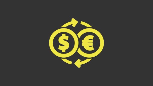 グレーの背景に黄色の両替アイコンがあります。ユーロとドルの現金転送記号。銀行の通貨記号。4Kビデオモーショングラフィックアニメーション — ストック動画