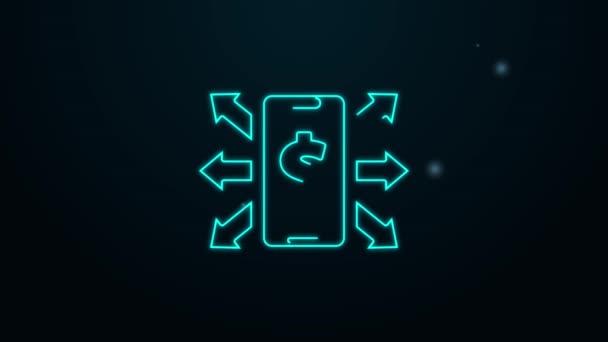 Gloeiende neon lijn Smartphone met dollarsymbool pictogram geïsoleerd op zwarte achtergrond. Online winkelen concept. Financieel pictogram mobiele telefoon. Online betaling. 4K Video motion grafische animatie — Stockvideo