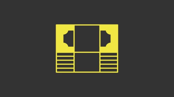 Žluté zásobníky papírové peníze hotovost ikona izolované na šedém pozadí. Hromádky bankovek. Bilanční měna. Grafická animace pohybu videa 4K — Stock video