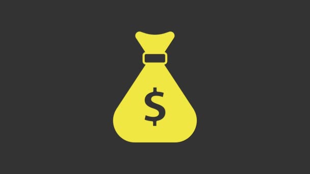 Желтые деньги мешок значок изолирован на сером фоне. Символ доллара или доллара США. Валютный знак Cash Banking. Видеографическая анимация 4K — стоковое видео