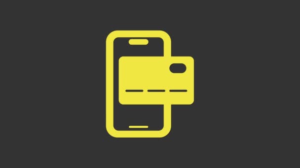 Yellow Mobile banking icon isolated on grey background. Transfer money through mobile banking on the mobile phone screen. 4K Video motion graphic animation — Stock Video