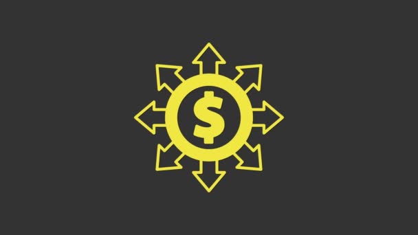 Žlutý dolar, sdílení, síťová ikona izolovaná na šedém pozadí. Grafická animace pohybu videa 4K — Stock video