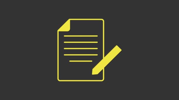 Желтый документ и значок пера изолированы на сером фоне. Значок файла. Reecklist icon. Бизнес-концепция. Видеографическая анимация 4K — стоковое видео