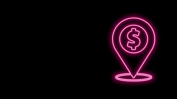 Ragyogó neon vonal Készpénz hely pin ikon elszigetelt fekete háttér. Mutató és dollár szimbólum. A pénz helye. Üzleti és befektetési koncepció. 4K Videó mozgás grafikus animáció — Stock videók
