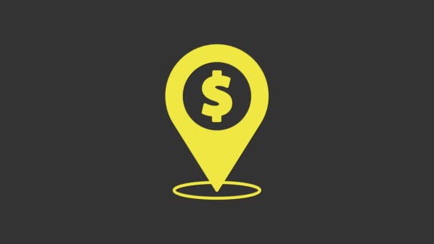 Icono de pin de ubicación Yellow Cash aislado sobre fondo gris. Puntero y símbolo del dólar. Ubicación del dinero. Concepto de negocio e inversión. Animación gráfica de vídeo 4K — Vídeo de stock