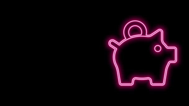 Gloeiende neon lijn Piggy bank pictogram geïsoleerd op zwarte achtergrond. Ikoon sparen of accumulatie van geld, investeringen. 4K Video motion grafische animatie — Stockvideo