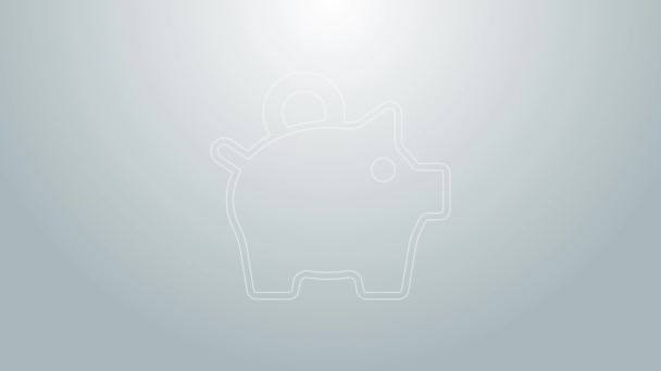 Blauwe lijn Piggy bank pictogram geïsoleerd op grijze achtergrond. Ikoon sparen of accumulatie van geld, investeringen. 4K Video motion grafische animatie — Stockvideo