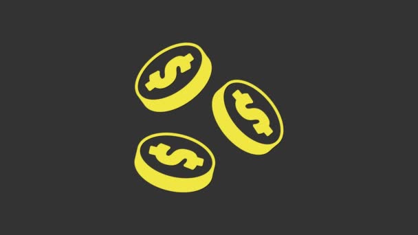 Жовті гроші на монетах з символом долара ізольовані на сірому фоні. Банківський валютний знак. Касовий символ. 4K Відео рух графічна анімація — стокове відео