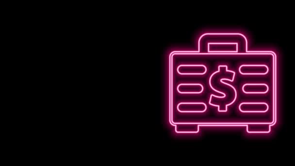 Brilhante neon line Briefcase e ícone de dinheiro isolado no fundo preto. Sinal de caso de negócios. Portfólio de negócios. Animação gráfica em movimento de vídeo 4K — Vídeo de Stock