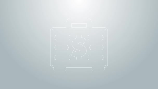 Blaue Linie Aktenkoffer und Geld-Symbol isoliert auf grauem Hintergrund. Business Case Zeichen. Geschäftsportfolio. 4K Video Motion Grafik Animation — Stockvideo