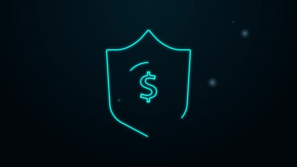Glowing neon line Shield with dollar symbol icon isolated on black background. Security shield protection. Money security concept. 4K Video motion graphic animation — Stock Video
