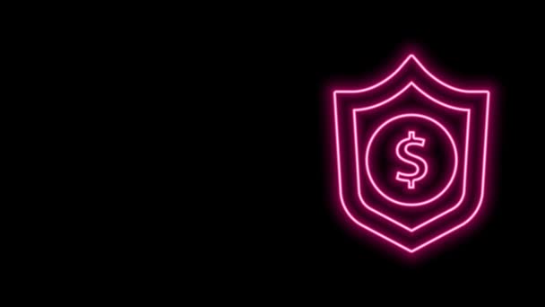 Glödande neon linje Sköld med dollar symbol ikon isolerad på svart bakgrund. Skydd av sköldar. Pengar säkerhet koncept. 4K Video motion grafisk animation — Stockvideo