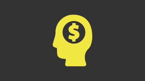 Yellow Business man planning geest pictogram geïsoleerd op grijze achtergrond. Menselijk hoofd met dollar. Idee om geld te verdienen. Groei van bedrijfsinvesteringen 4K Video motion grafische animatie — Stockvideo