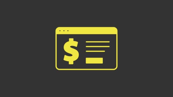 Yellow Banca en línea con icono de dólar aislado sobre fondo gris. Enviando dinero alrededor del mundo, transferencia de dinero, transacción financiera. Animación gráfica de vídeo 4K — Vídeos de Stock