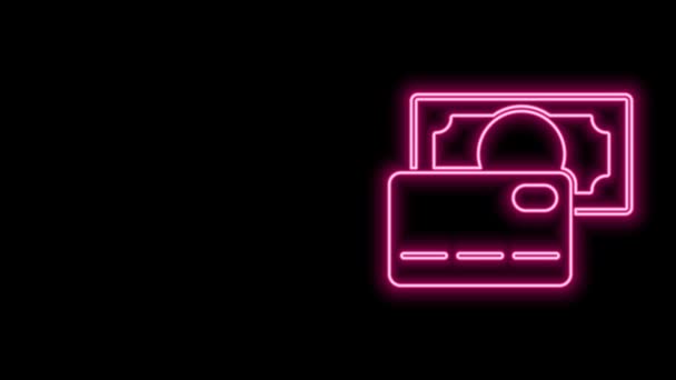 Linea neon luminosa Icona della carta di credito isolata su sfondo nero. Pagamento online. Ritiro contanti. Operazioni finanziarie. Segno della spesa. Animazione grafica 4K Video motion — Video Stock