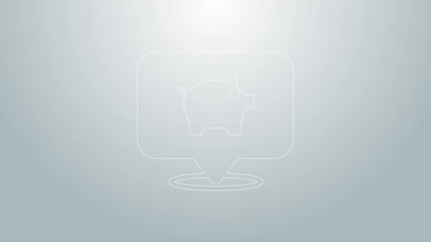 Blå linje Piggy bank ikon isolerad på grå bakgrund. Ikonsparande eller ackumulering av pengar, investeringar. 4K Video motion grafisk animation — Stockvideo