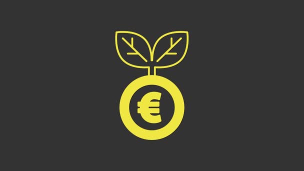 Желтая иконка растения Евро на сером фоне. Концепция роста инвестиций в бизнес. Экономия денег и инвестиции. Видеографическая анимация 4K — стоковое видео
