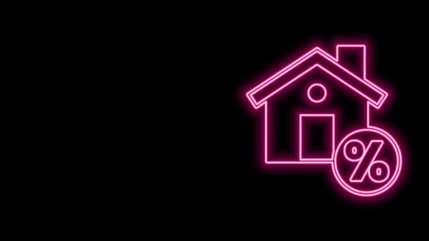 Glowing neon line House with percant discount tag icon isolated on black background. Real estate home. Credit percentage symbol. 4K Video motion graphic animation — Stock Video