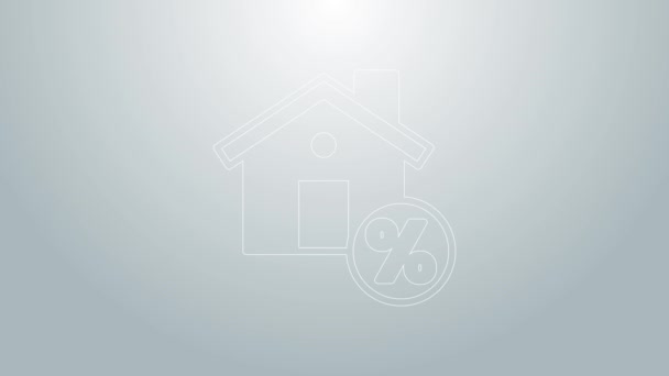 Blue line House with percant discount tag icon isolated on grey background. Real estate home. Credit percentage symbol. 4K Video motion graphic animation — Stock Video