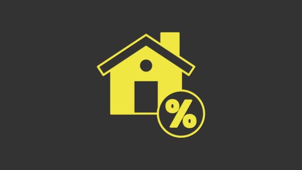 Gele Huis met percant korting tag pictogram geïsoleerd op grijze achtergrond. Onroerend goed huis. Kredietpercentagesymbool. 4K Video motion grafische animatie — Stockvideo