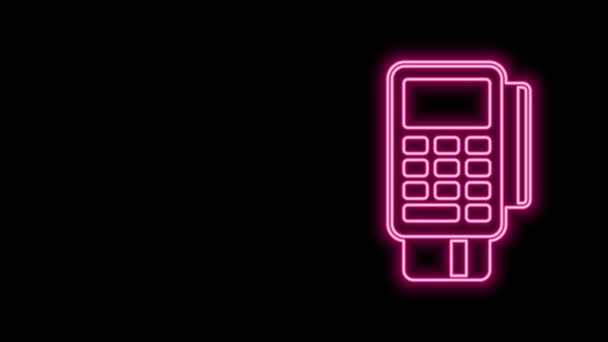 Siyah arkaplanda parlayan neon hattı POS terminali, eklenmiş kredi kartı ve yazdırılmış alıcı simgesi var. NFC ödeme konsepti. 4K Video hareketli grafik canlandırması — Stok video
