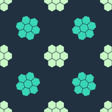 Yeşil ve bej bal peteği simgesi mavi arkaplanda izole edilmiş kusursuz desen. Bal hücrelerinin sembolü. Tatlı doğal yemek. Vektör