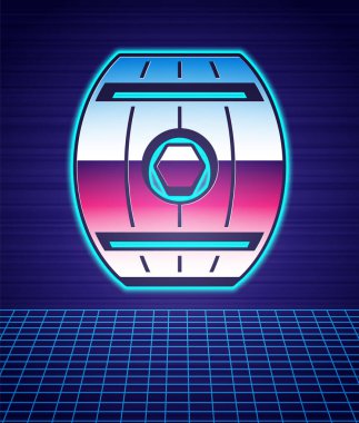 Bal ikonuna sahip Retro stili tahta fıçı fütüristik manzarayı izole etti. 80 'lerin moda partisi. Vektör