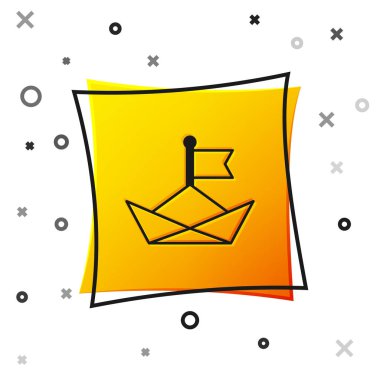 Siyah katlanmış kağıt tekne simgesi beyaz arkaplanda izole edilmiş. Origami kağıt gemisi. Sarı kare düğme. Vektör