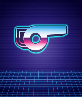 Retro stili Yaprak bahçe üfleyici ikonu fütüristik manzara arka planını izole etti. 80 'lerin moda partisi. Vektör