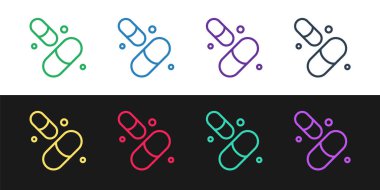 Siyah ve beyaz arka planda izole edilmiş hap kapsülü ikonunun vitamin kompleksini ayarla. Sağlıklı bir yaşam tarzı. Vektör