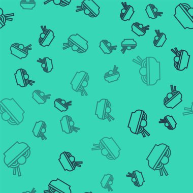 Siyah çizgi Asyalı erişteler kasede ve yemek çubukları ikonu yeşil arka planda izole edilmiş pürüzsüz desenler. Sokak yemeği. Kore, Japon, Çin yemekleri. Vektör