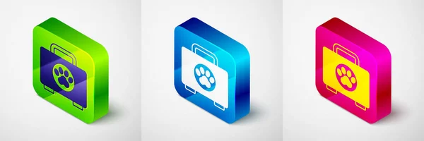 Ισομετρική Pet εικονίδιο κουτί πρώτων βοηθειών απομονώνονται σε γκρι φόντο. Αποτυπώματα σκύλου ή γάτας. Στην κλινική. Τετράγωνο κουμπί. Διάνυσμα — Διανυσματικό Αρχείο