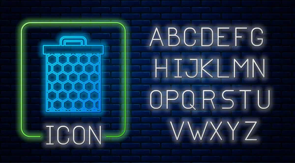 Brilhante ícone de néon Honeycomb isolado no fundo da parede de tijolo. Símbolo de células mel. Comida natural doce. Alfabeto claro de néon. Vetor —  Vetores de Stock