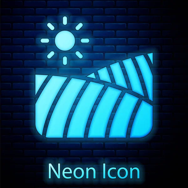 Parlayan neon neon tarımı buğday tarlası tarlası kırsal manzara ikonu tuğla duvar arka planında izole edilmiş. Vektör — Stok Vektör