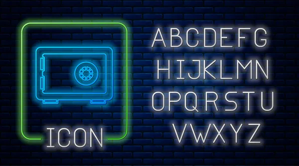 Leuchtende Neon Safe Symbol isoliert auf Backsteinwand Hintergrund. An der Tür befand sich ein Banktresor mit einem Zahlenschloss. Verlässlicher Datenschutz. Neonlicht-Alphabet. Vektor — Stockvektor