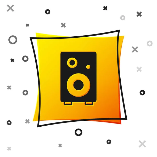 Icono de altavoz estéreo negro aislado sobre fondo blanco. Altavoces del sistema de sonido. Icono musical. Equipo de altavoz de columna musical bajo. Botón cuadrado amarillo. Vector — Vector de stock