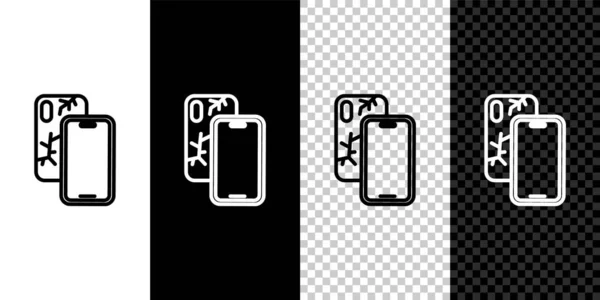 Definir linha Smartphone com ícone de tela quebrada isolado em preto e branco, fundo transparente. Ícone de tela do telefone quebrado. Vetor — Vetor de Stock