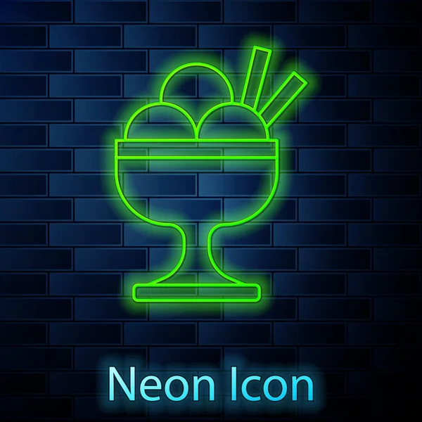 Świecące neon linii lody w ikonie miski izolowane na tle cegły ściany. Słodki symbol. Wektor — Wektor stockowy