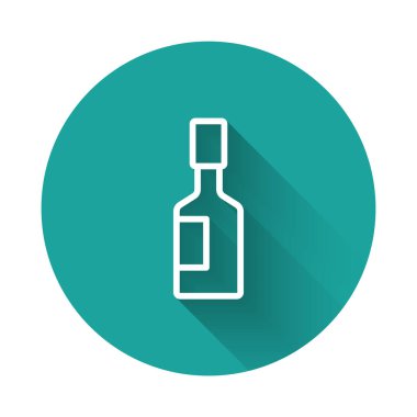 Beyaz çizgi Tabasco sosu ikonu uzun gölge arkaplanı ile izole edilmiş. Kırmızı biberli baharatlı biber sosu. Yeşil daire düğmesi. Vektör