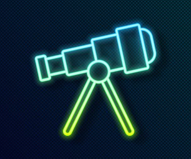 Parlayan neon hattı Teleskop simgesi siyah arkaplanda izole edildi. Bilimsel bir alet. Eğitim ve astronomi elementi, dürbün ve çalışma yıldızları. Vektör