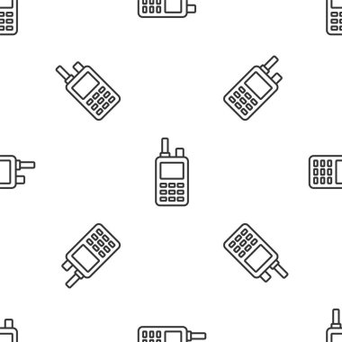 Gri çizgi telsiz ikonu beyaz arka planda izole edilmiş kusursuz desen. Taşınabilir radyo vericisi simgesi. Radyo alıcı-vericisi işareti. Vektör