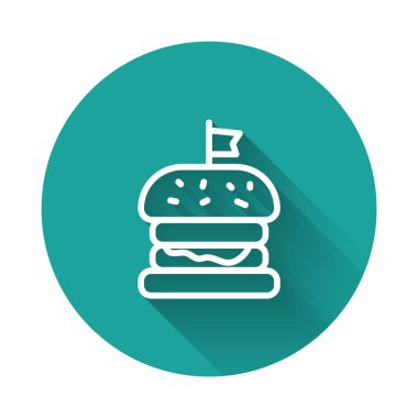 Beyaz çizgi Burger simgesi uzun gölge arkaplan izole. Hamburger ikonu. Çizburger sandviç tabelası. Fast food menüsü. Yeşil daire düğmesi. Vektör