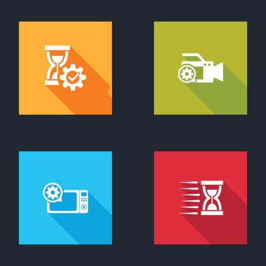 Kum saati ayarı, video kamera, mikrodalga fırın ve kum ikonlu eski kum saati. Vektör