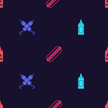 Hardal şişesi, ızgara şiş kebap, sosisli sandviç ve ketçapı dikişsiz desene göre ayarla. Vektör