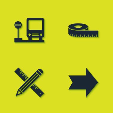 Otobüs durağını, Arrow 'u, çapraz cetvel, kalem ve mezura ölçek simgesini ayarla. Vektör