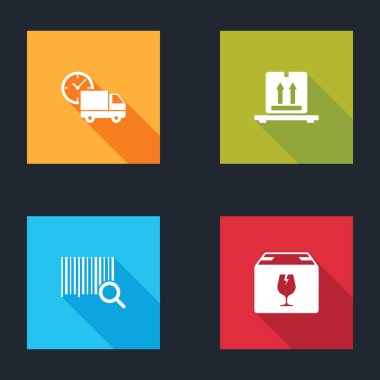 Teslimat kamyonu ve saati, karton kutuları palete, arama barkoduna ve kırılgan içerik simgesine ayarla. Vektör