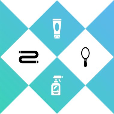 Havlu, kuaför tabancası sprey şişesi, krem ya da losyon kozmetik tüp ve el aynası ikonu. Vektör