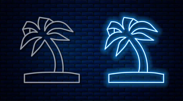 Linea al neon incandescente Icona della palma tropicale isolata su sfondo murale in mattoni. Palma da cocco. Vettore — Vettoriale Stock